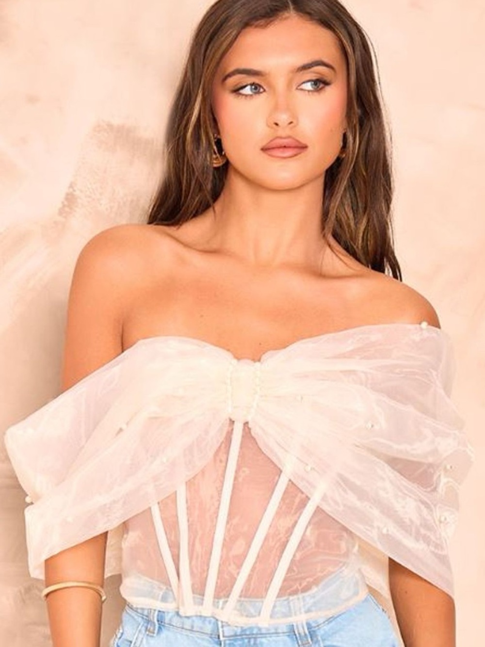 PrettyLittleThing Ivory Organza Bow Corset Top